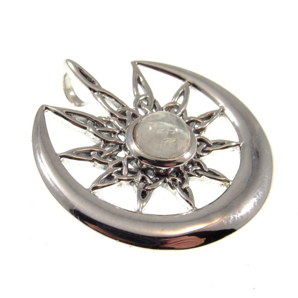 Solid 925 Sterling Silver Celtic Star on Crescent Moon with Moonstone Pendant - Picture 3 of 5